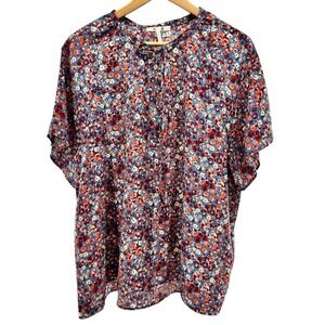 THREE DOTS  Women's Floral Top XL Boho‎ Prairie Peasant Cottagecore Tie Neck